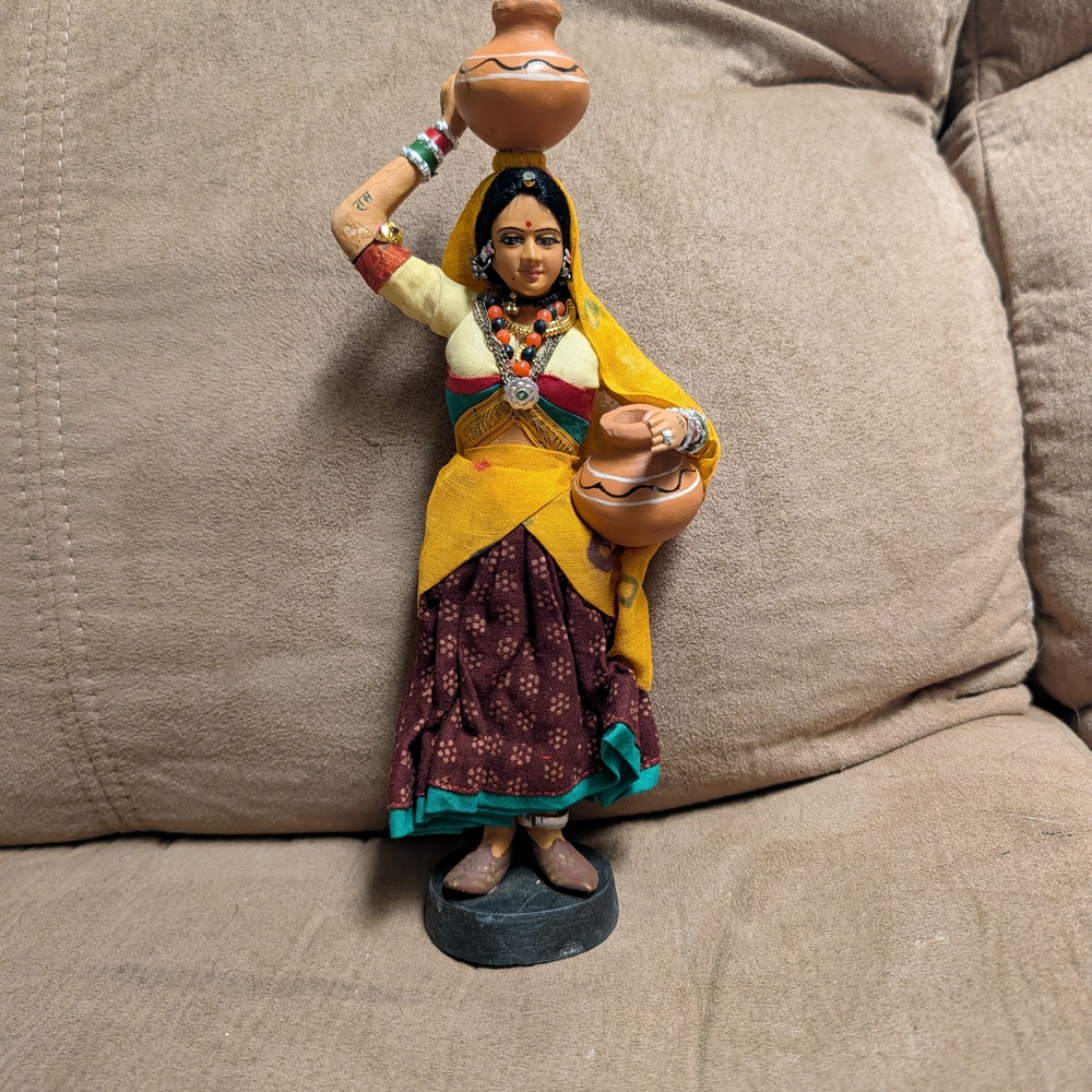 Handcrafted Indian Woman Figurine with Yellow Sari and Clay Pots